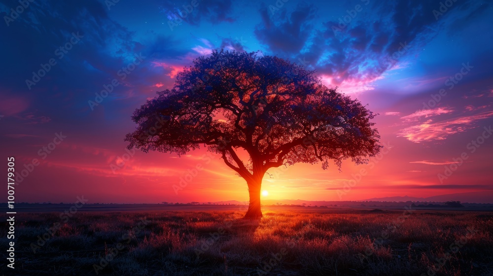 A stunning landscape featuring a solitary tree against a dramatic sunset sky, emphasizing the contrast between dark land and vivid sky. A stunning landscape featuring a solitary tree against a dramatic sunset sky, emphasizing the contrast between dark land and vivid sky.