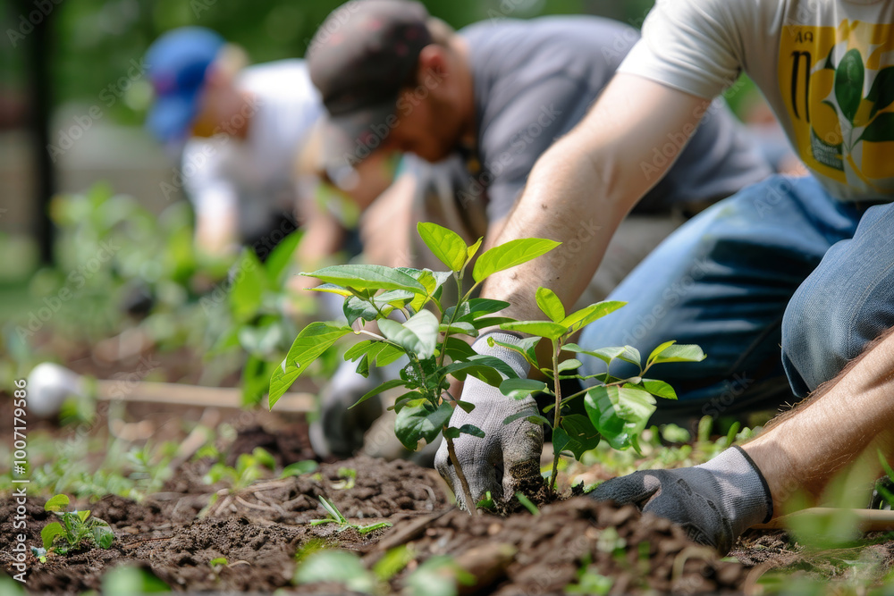 Fototapeta premium A man is planting a tree in a field