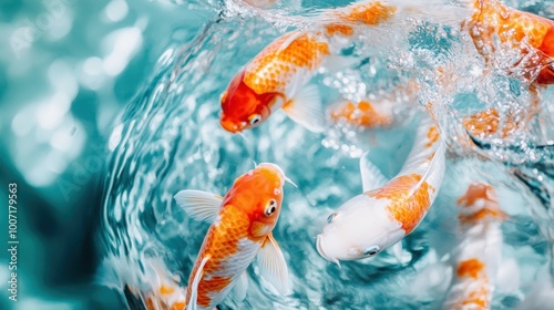 A dynamic close-up of colorful koi fish captured mid-motion in crystal clear waters, creating a unique interplay of light and color, evoking feelings of peace. photo