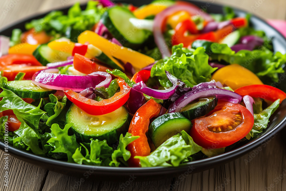 A vibrant salad with fresh greens, vegetables, and dressing.Close up of a fresh salad on a decorative plate on a wooden table A vibrant salad with fresh greens, vegetables, and dressing.Close up of a fresh salad on a decorative plate on a wooden table