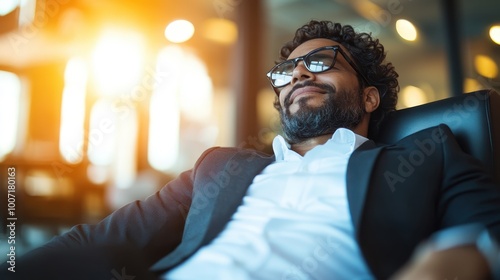 A man in a suit and glasses leans back on a chair, appearing relaxed and content, with soft, ambient lighting creating a tranquil office atmosphere.