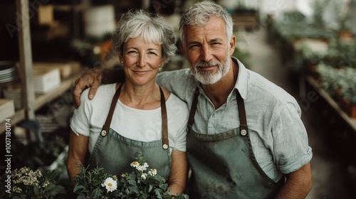 This silver-haired couple in farming wear shares a calm and peaceful embrace while tending to farm flowers, bathed in the soft light of a pastoral setting. photo