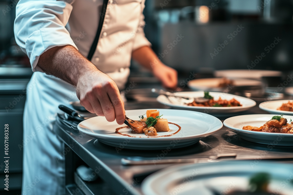 Chef's table experience with a multi-course tasting menu.A skilled chef is busy preparing various plates of delicious food in a kitchen Chef's table experience with a multi-course tasting menu.A skilled chef is busy preparing various plates of delicious food in a kitchen