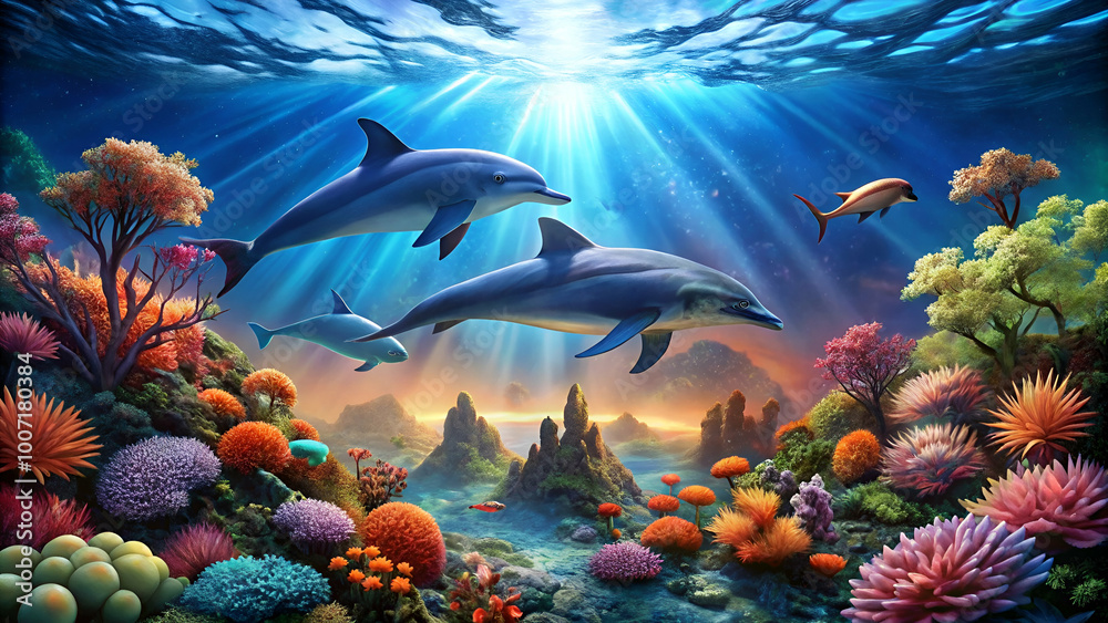 Fototapeta premium Stunning underwater imagery of dolphins interacting with a diverse coral reef ecosystem.