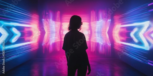 a woman standing in front of a colorful light