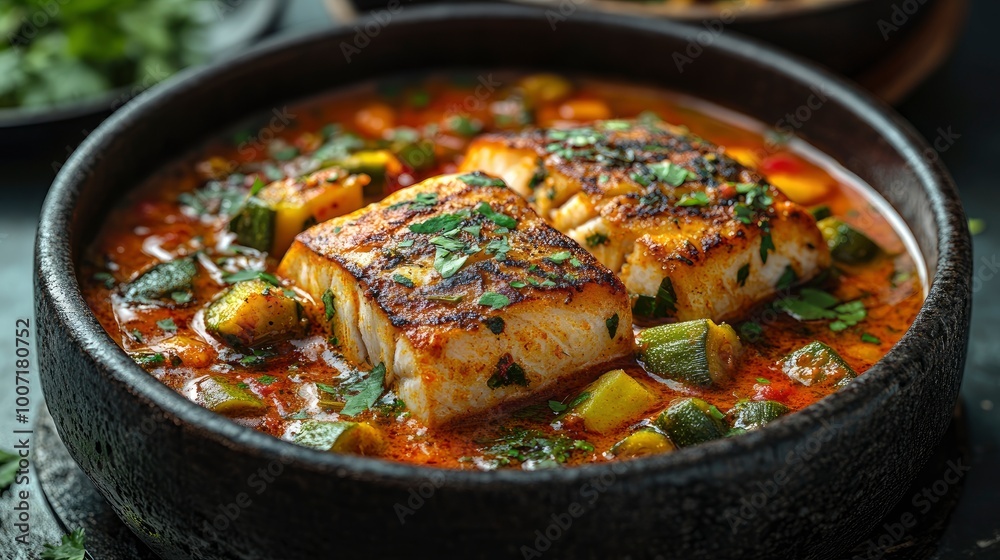 Delicious Fish Stew with Vegetables in a Black Bowl Delicious Fish Stew with Vegetables in a Black Bowl