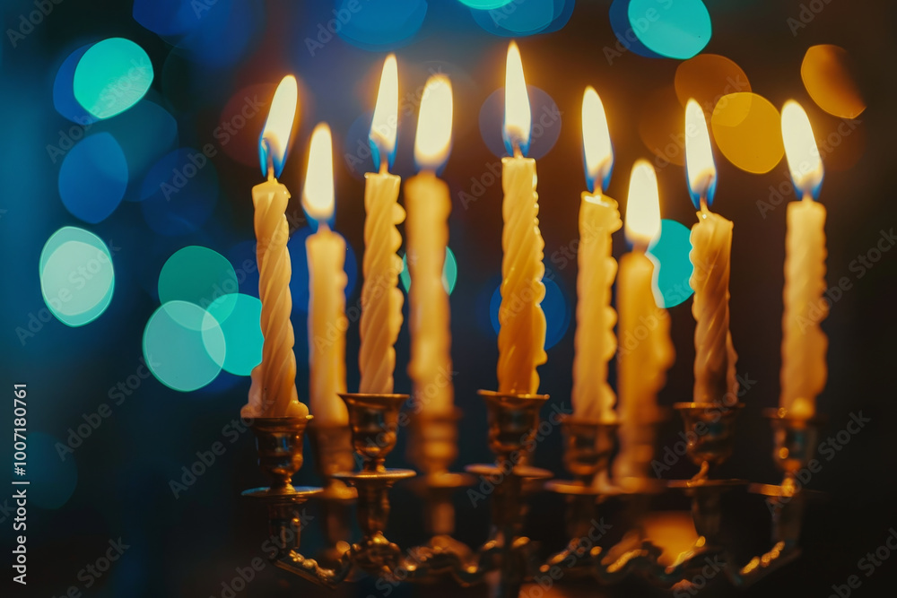 A row of candles are lit up in a blue and purple background A row of candles are lit up in a blue and purple background