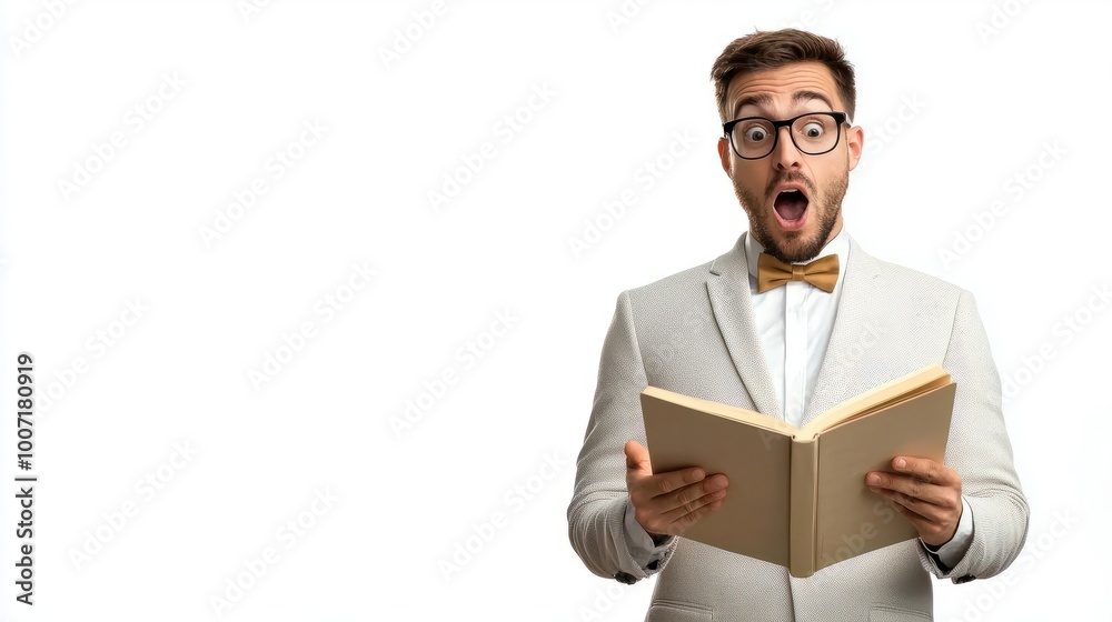 Male teacher standing with an open book in hand, explaining a concept, isolated on a white background for clarity. Male teacher standing with an open book in hand, explaining a concept, isolated on a white background for clarity.