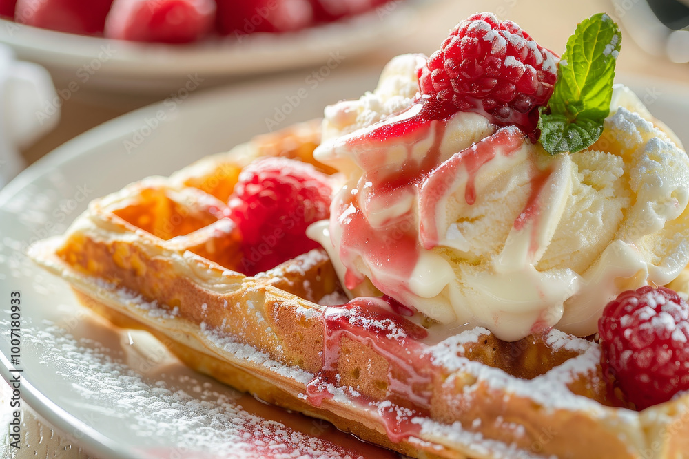 A waffle with ice cream and raspberries on top A waffle with ice cream and raspberries on top