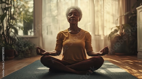 Senior black woman meditating at home. Elderly african american pensioner practicing yoga meditation in lotus position. wellness breathing exercises & pilates.