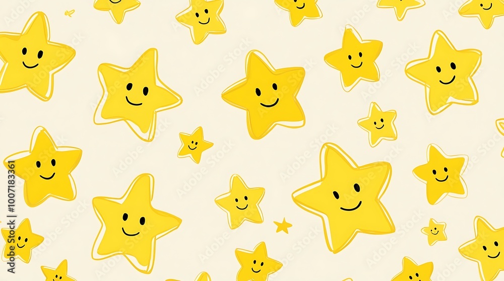 Fototapeta premium whimsical, cartoon style illustration featuring a pattern of yellow stars with smiling faces on a light cream background vary in size, creating a dynamic and playful layout