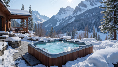 Hot tub with snowy mountain view outside wooden cabin photo