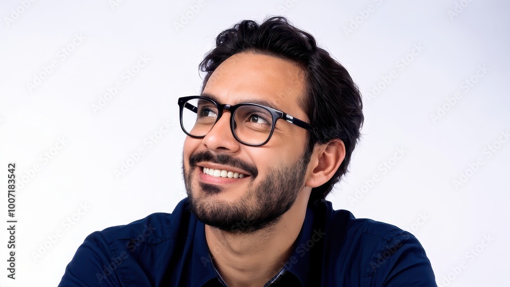 A smiling man with glasses looking upwards against a light background. A smiling man with glasses looking upwards against a light background.