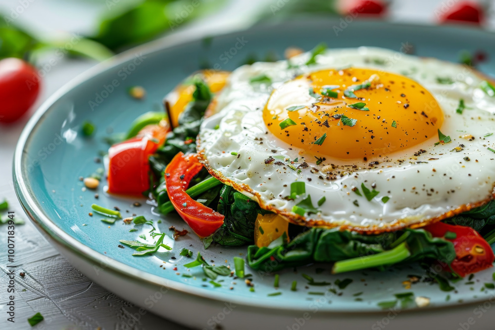 A plate of food with a fried egg on top of spinach and peppers A plate of food with a fried egg on top of spinach and peppers