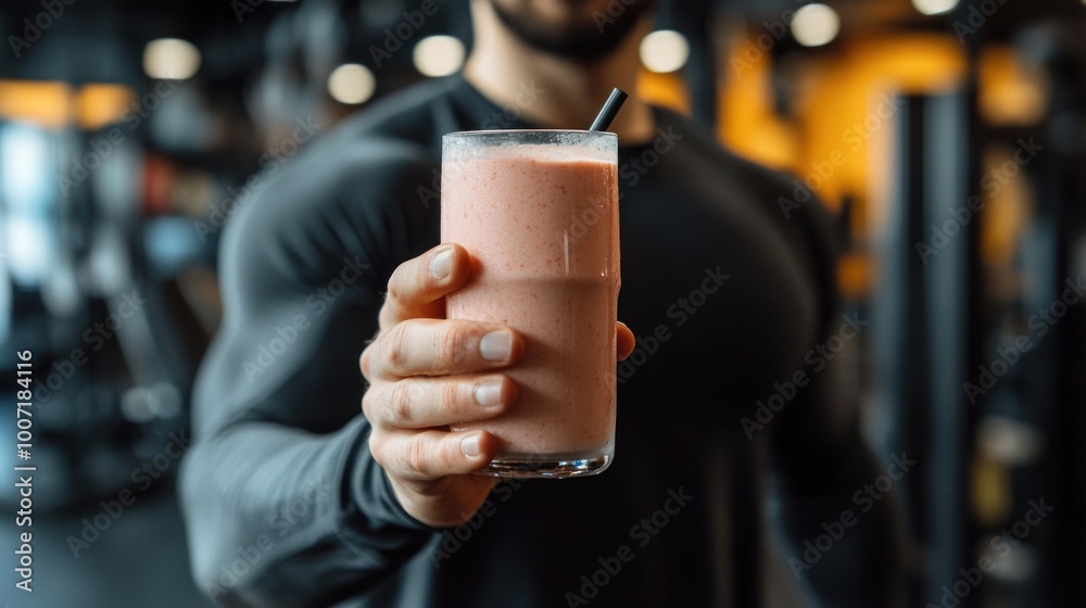 a man fitness trainer holding a smoothie with low-calorie sweeteners, gym background. Concept Healthier Eating Choices, Low-Calorie Alternatives, Artificial Sweeteners, Sugar Substitutes, Diet Options a man fitness trainer holding a smoothie with low-calorie sweeteners, gym background. Concept Healthier Eating Choices, Low-Calorie Alternatives, Artificial Sweeteners, Sugar Substitutes, Diet Options