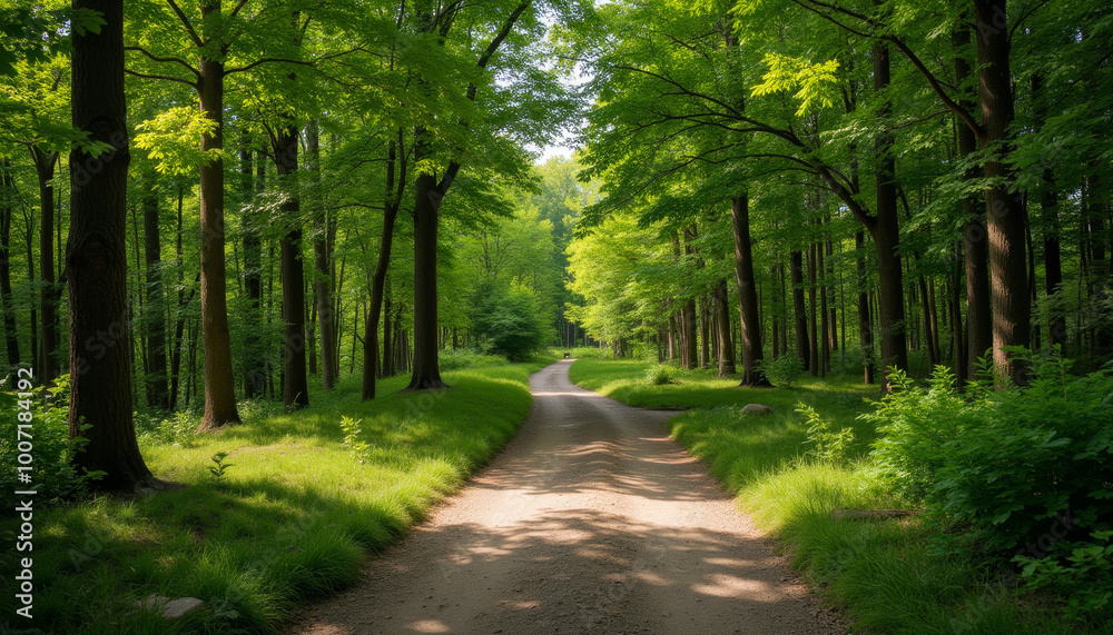 Serene forest path with green trees and sunlight Serene forest path with green trees and sunlight