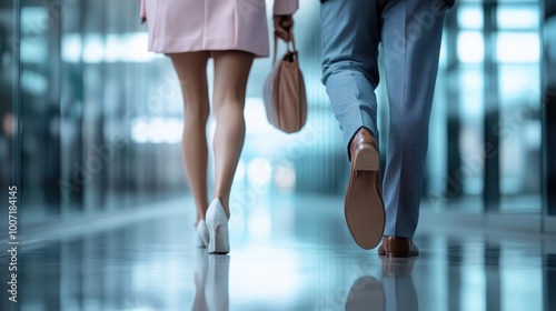 Two people, one dressed in a pink coat and white heels, walk briskly through a modern corridor, reflecting professional determination and style.