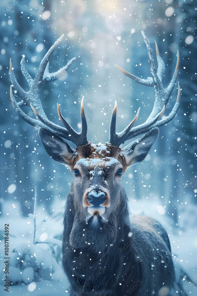 Noble male deer in forest winter scenery. High quality photo Noble male deer in forest winter scenery. High quality photo