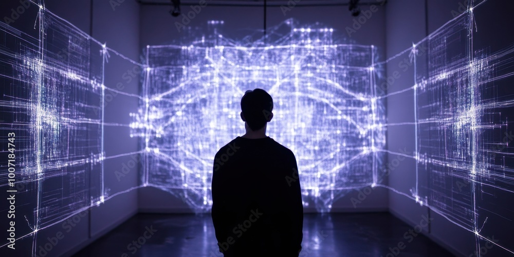 a man standing in front of a wall of lights a man standing in front of a wall of lights