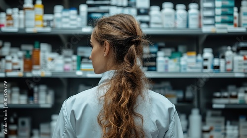 A pharmacist stands facing fully stacked shelves brimming with various medications, embodying the intersection of health, organization, and modern pharmacological advancements.