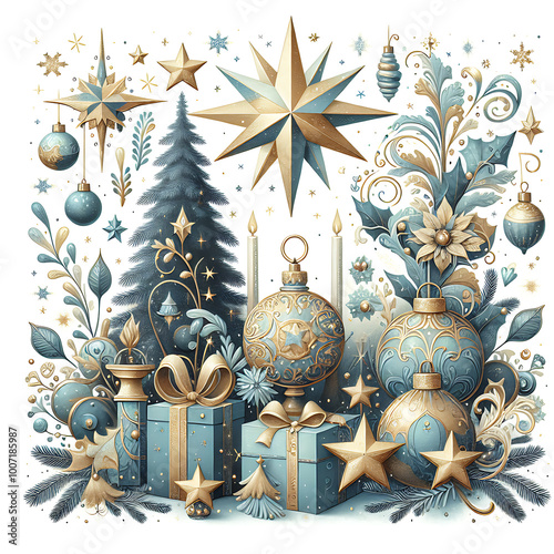 Magical Christmas blue gold winter composition