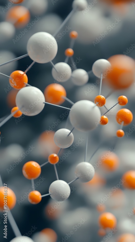 A close-up shot of the molecular structure, with white spheres and orange ones connected by gray lines A close-up shot of the molecular structure, with white spheres and orange ones connected by gray lines