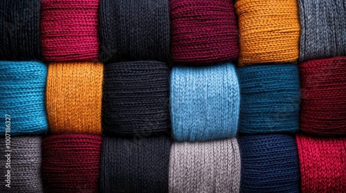 A collection of multicolored yarn skeins are knitted together, creating a striking and textural pattern, showcasing intricate craft and vibrant diversity. photo