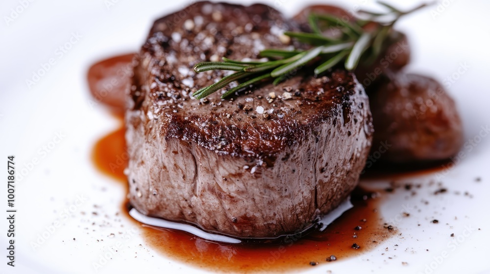 A succulent filet steak richly seasoned with coarse salt and crushed pepper lies in a pool of reduced sauce, garnished elegantly with rosemary sprigs. A succulent filet steak richly seasoned with coarse salt and crushed pepper lies in a pool of reduced sauce, garnished elegantly with rosemary sprigs.