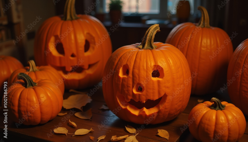 Fototapeta premium Group of Carved Pumpkins with Jack-O'-Lantern Faces