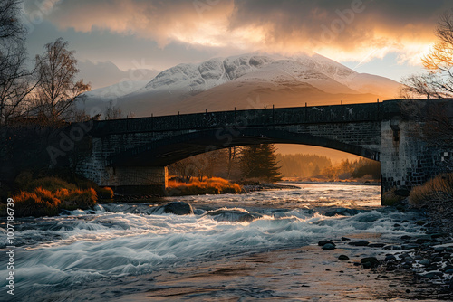 A bridge spans a river with a mountain in the background photo