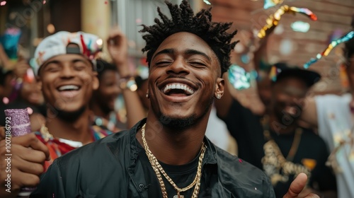 A group of people celebrating joyfully as confetti rains down, highlighted by their genuine smiles and exuberant energy, representing happiness and togetherness. photo