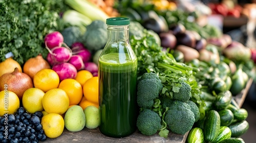 Green Juice Bottle with Fresh Produce in Market Stall.