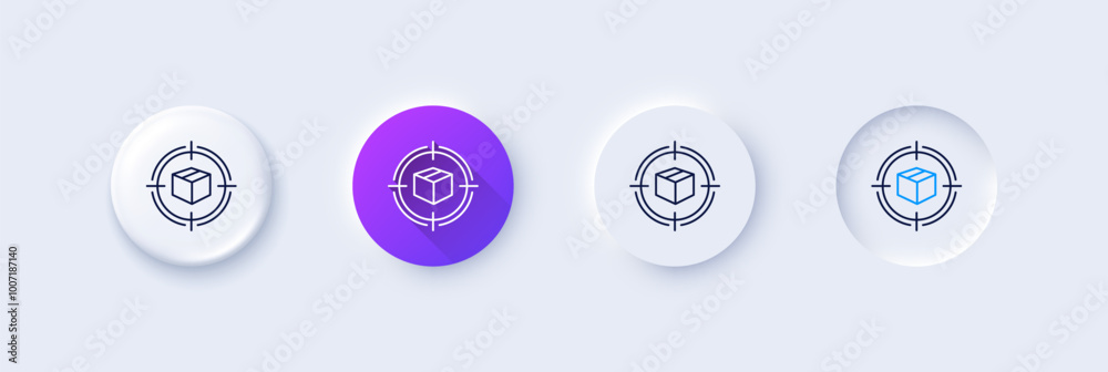 Parcel tracking line icon. Neumorphic, Purple gradient, 3d pin buttons. Delivery monitoring sign. Shipping box in target symbol. Line icons. Neumorphic buttons with outline signs. Vector Parcel tracking line icon. Neumorphic, Purple gradient, 3d pin buttons. Delivery monitoring sign. Shipping box in target symbol. Line icons. Neumorphic buttons with outline signs. Vector