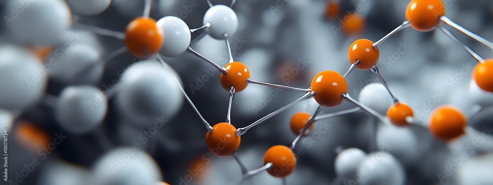 A close-up shot of the molecular structure, with white spheres and orange ones connected by gray lines A close-up shot of the molecular structure, with white spheres and orange ones connected by gray lines
