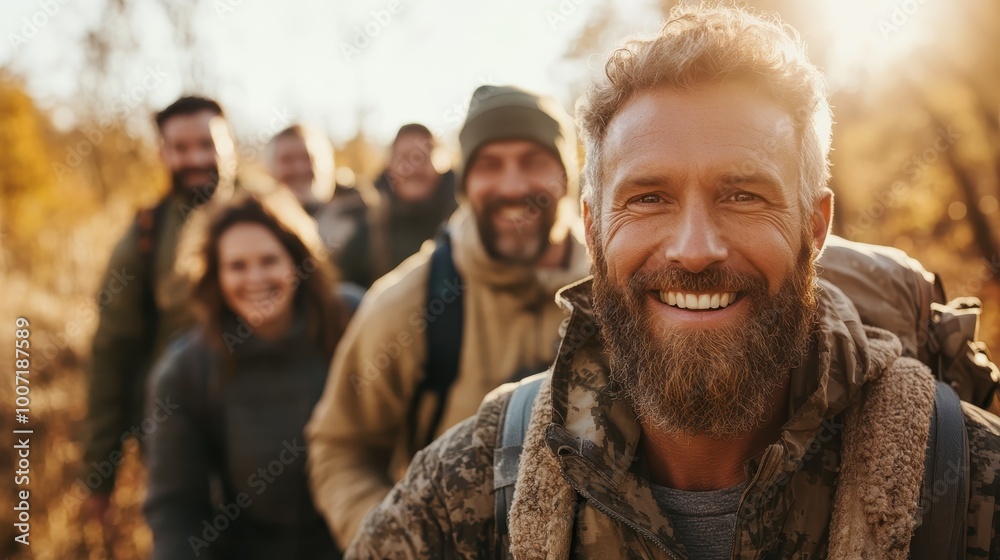 A lively group of hikers is captured walking through an autumn forest trail, the vibrant colors of fall leaves surrounding them as they smile in enjoyment. A lively group of hikers is captured walking through an autumn forest trail, the vibrant colors of fall leaves surrounding them as they smile in enjoyment.