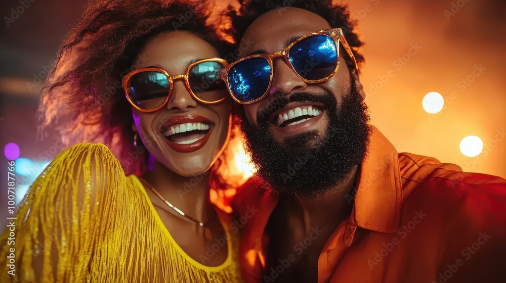 A joyful couple, dressed in trendy and colorful outfits with sunglasses, are captured in an exciting moment, exuding fun and charisma in a lively environment. A joyful couple, dressed in trendy and colorful outfits with sunglasses, are captured in an exciting moment, exuding fun and charisma in a lively environment.