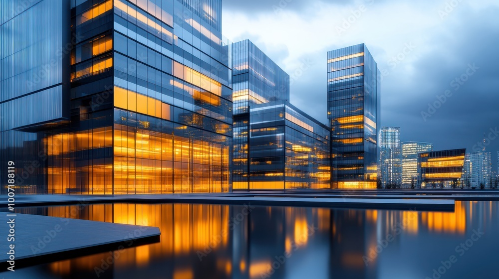 Fototapeta premium Modern office complex lit up at night, showcasing a blend of glass and steel with reflections.