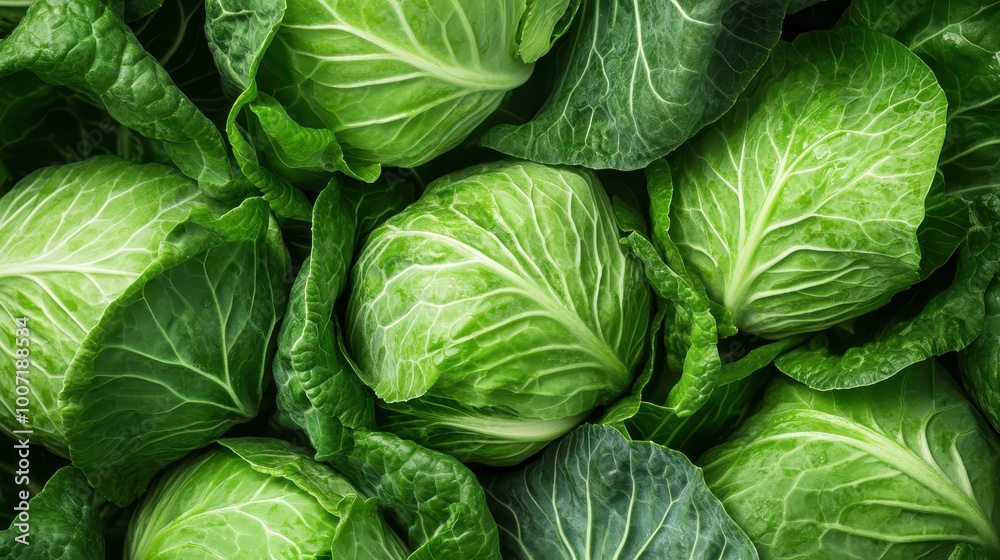 Obraz premium A vibrant image of freshly harvested green cabbages, showcasing their lush texture and readiness for sale in an organic market, symbolizing freshness and health.