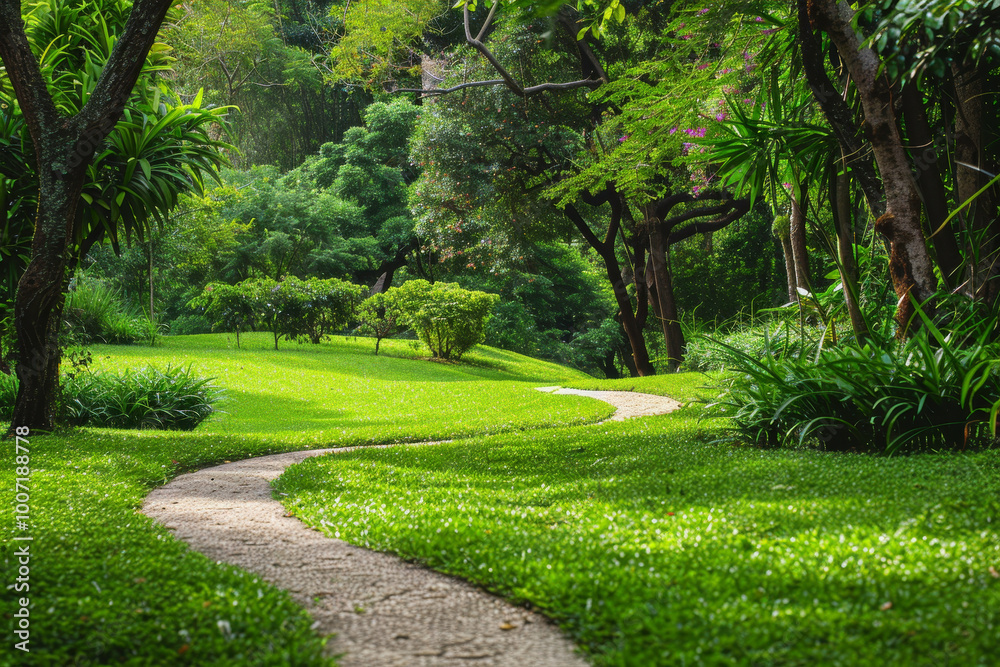 Naklejka premium A path winds through a lush green park