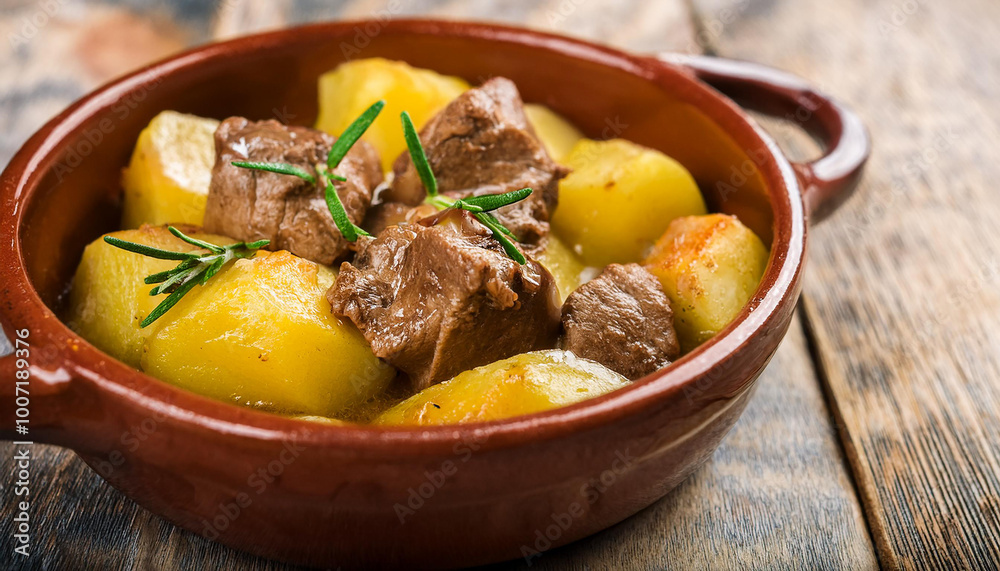 Pot of meat and potatoes. Delicious food for dinner. Tasty meal. Cooking and culinary concept. Pot of meat and potatoes. Delicious food for dinner. Tasty meal. Cooking and culinary concept.