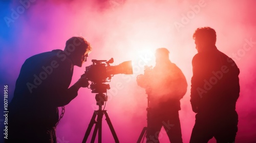 Filmmakers in silhouette stand against a vibrant, colorful backdrop while operating cameras, embodying the dynamic and expressive aspect of visual storytelling. photo