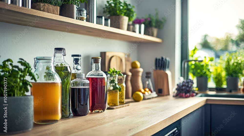 A modern kitchen counter showcasing probiotic sodas, kombucha, and various wellness drinks, all beautifully arranged and ready for enjoyment. This vibrant setup promotes a healthy lifestyle