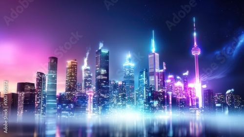 Nighttime city skyline with bright lights from tall buildings, creating a stunning contrast against the dark sky.