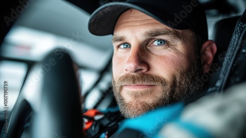 A racing driver shown in close-up, calmly analyzing the road ahead, highlighting themes of focus, strategic thinking, and professional racing prowess amidst competition.