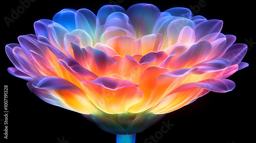 A vibrant and colorful flower with iridescent petals glows against a black background, showcasing intricate details and bright hues