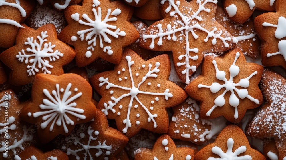 A collection of intricately crafted snowflake-shaped gingerbread cookies, each adorned with artful icing, embodying the festive spirit of the season. A collection of intricately crafted snowflake-shaped gingerbread cookies, each adorned with artful icing, embodying the festive spirit of the season.