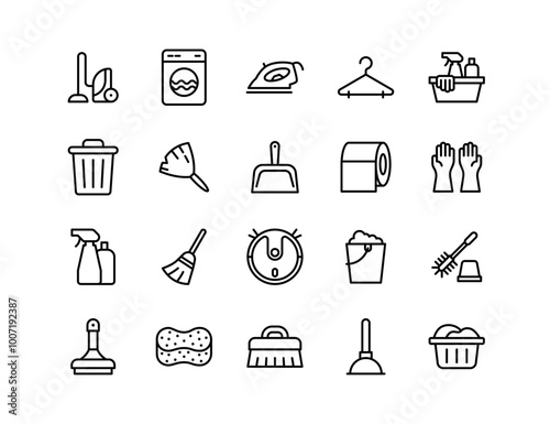 Cleaning Icons Vector Set: Vacuum, Laundry, Iron, Cleaning Supplies, Mop, Gloves, Sponge - Perfect for Housekeeping and Home Maintenance Graphics