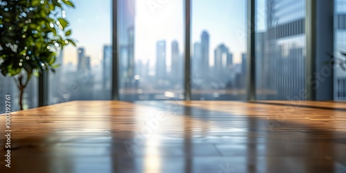 Sunlit wooden table in a modern office with blurred city skyline, ideal for product mockups and branding