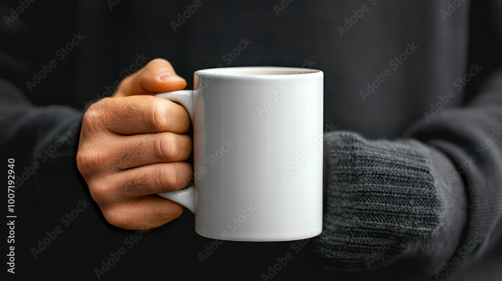 Close-Up of Man Holding White Mug of Hot Beverage Outdoors with Black Background and Copy Space for Text Close-Up of Man Holding White Mug of Hot Beverage Outdoors with Black Background and Copy Space for Text