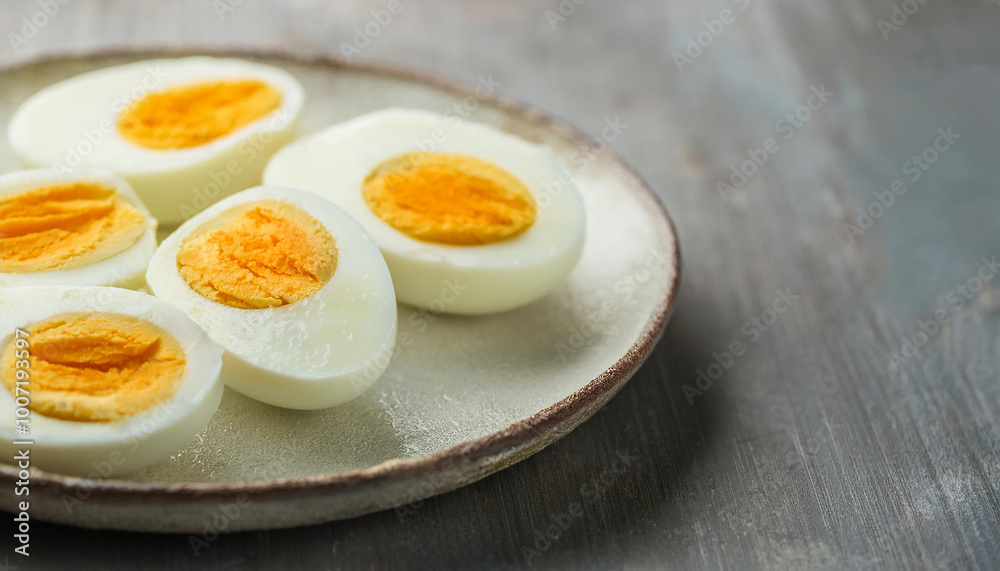 Hard boiled eggs on plate. Delicious food. Tasty meal. Cooking and culinary concept. Hard boiled eggs on plate. Delicious food. Tasty meal. Cooking and culinary concept.